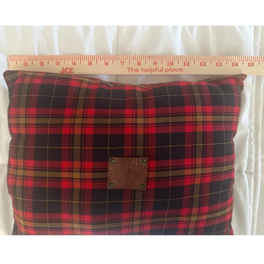 Will‎ Leather Goods Tartan Plaid Throw Pillow 15x11 Leather Patch Red Huckberry